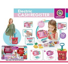 Дитячий іграшковий касовий апарат 66107 2 кольори, 32 елементи, калькулятор, звук, підсвічування, імітація розрахунку карткою, купюри, кошик з продуктами, в коробці