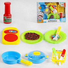 Дитячий іграшковий набір посудука 9036 пательня, сотейник, пічка, прибори для серверування, сітка гріль, стейк та кетчуп, у коробці