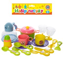 Дитячий іграшковий набір посуду 977 №1 чайник, чашки, блюдця, сковорідка, столові прилади, келихи, сільниця
