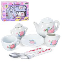 Дитячий іграшковий набір посуду YH5989-C918-C920 чайний сервіз на 1перс, фарфор, 9 предметів, столові прилади