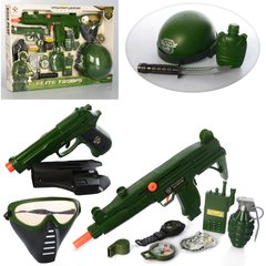 Набор военного M015A автомат-трещотка, пистолет-звук, каска, бат таб, маска, в кор