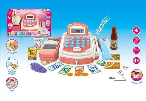 Дитячий іграшковий касовий апарат 973 19 елементів, підсвічування, звук, продукти, у коробці